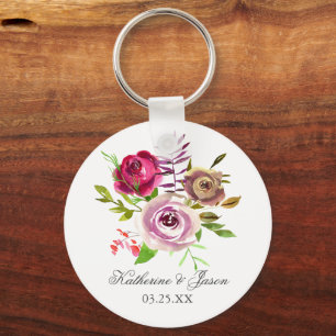 Chic Fuchsia Pink Floral Romantic Garden Wedding Key Ring