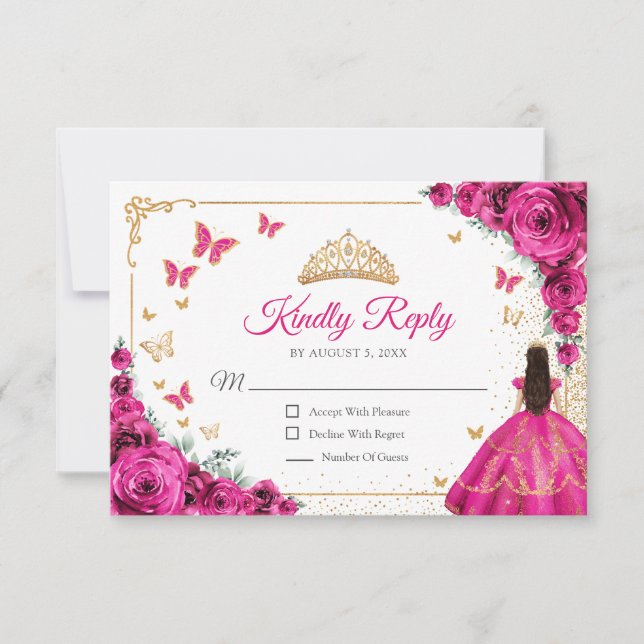 Chic Fuchsia Pink Roses Gold Quinceanera Reply RSVP Card (Front)