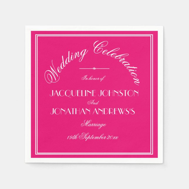 Chic Fuchsia Wedding Elegant White Script Names Napkin (Front)