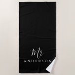 Chic Future Mr Black and White Monogram Beach Towel<br><div class="desc">Chic black and white monogrammed beach towel with the text Mr in white elegant script calligraphy. You can customise this luxurious beach towel with your married name. Perfect gift for the newlywed couple with the matching Mrs beach towel or for the bridal shower. Exclusively designed for you by Happy Dolphin...</div>