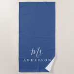 Chic Future Mr Classic Blue Monogram Beach Towel<br><div class="desc">Chic monogrammed beach towel with the text Mr in white elegant script calligraphy on a classic blue background. You can customise this luxurious beach towel with your married name. Perfect gift for the newlywed couple with the matching Mrs beach towel or for the bridal shower. Exclusively designed for you by...</div>