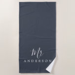 Chic Future Mr Dark Blue Monogram Beach Towel<br><div class="desc">Chic dark blue monogrammed beach towel with the text Mr in white elegant script calligraphy. You can customise this luxurious beach towel with your married name. Perfect gift for the newlywed couple with the matching Mrs beach towel or for the bridal shower. Exclusively designed for you by Happy Dolphin Studio....</div>
