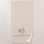 Chic Future Mr Ivory Monogram Beach Towel<br><div class="desc">Chic ivory monogrammed beach towel with the text Mr in navy blue elegant script calligraphy. You can customise this luxurious beach towel with your married name. Perfect gift for the newlywed couple with the matching Mrs beach towel or for the bridal shower. Exclusively designed for you by Happy Dolphin Studio....</div>