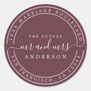 Chic Future Mr Mrs Wedding Return Address Burgundy Classic Round Sticker