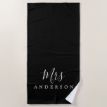 Chic Future Mrs Black and White Monogram Beach Towel<br><div class="desc">Chic black and white monogrammed beach towel with the text Mrs in white elegant script calligraphy. You can customise this luxurious beach towel with your married name. Perfect gift for the newlywed couple with the matching Mr beach towel or for the bridal shower. Exclusively designed for you by Happy Dolphin...</div>