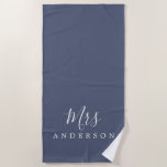 Chic Future Mrs Blue Indigo Monogram Beach Towel<br><div class="desc">Chic blue indigo monogrammed beach towel with the text Mrs in white elegant script calligraphy. You can customise this luxurious beach towel with your married name. Perfect gift for the newlywed couple with the matching Mr beach towel or for the bridal shower. Exclusively designed for you by Happy Dolphin Studio....</div>