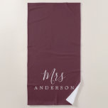 Chic Future Mrs Burgundy Monogram Beach Towel<br><div class="desc">Chic burgundy monogrammed beach towel with the text Mrs in white elegant script calligraphy. You can customise this luxurious beach towel with your married name. Perfect gift for the newlywed couple with the matching Mr beach towel or for the bridal shower. Exclusively designed for you by Happy Dolphin Studio. If...</div>