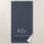 Chic Future Mrs Dark Blue Monogram Beach Towel<br><div class="desc">Chic dark blue monogrammed beach towel with the text Mrs in white elegant script calligraphy. You can customise this luxurious beach towel with your married name. Perfect gift for the newlywed couple with the matching Mr beach towel or for the bridal shower. Exclusively designed for you by Happy Dolphin Studio....</div>