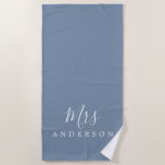 Chic Future Mrs Faded Denim Blue Monogram Beach Towel<br><div class="desc">Chic faded denim blue monogrammed beach towel with the text Mrs in white elegant script calligraphy. You can customise this luxurious beach towel with your married name. Perfect gift for the newlywed couple with the matching Mr beach towel or for the bridal shower. Exclusively designed for you by Happy Dolphin...</div>