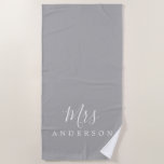 Chic Future Mrs Grey Monogram Beach Towel<br><div class="desc">Chic grey monogrammed beach towel with the text Mrs in white elegant script calligraphy. You can customise this luxurious beach towel with your married name. Perfect gift for the newlywed couple with the matching Mr beach towel or for the bridal shower. Exclusively designed for you by Happy Dolphin Studio. If...</div>