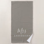 Chic Future Mrs Grey Monogram Beach Towel<br><div class="desc">Chic grey monogrammed beach towel with the text Mrs in white elegant script calligraphy. You can customise this luxurious beach towel with your married name. Perfect gift for the newlywed couple with the matching Mr beach towel or for the bridal shower. Exclusively designed for you by Happy Dolphin Studio. If...</div>