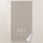 Chic Future Mrs Grey Monogram Beach Towel<br><div class="desc">Chic grey monogrammed beach towel with the text Mrs in white elegant script calligraphy. You can customise this luxurious beach towel with your married name. Perfect gift for the newlywed couple with the matching Mr beach towel or for the bridal shower. Exclusively designed for you by Happy Dolphin Studio. If...</div>