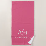 Chic Future Mrs Hot Pink Monogram Beach Towel<br><div class="desc">Chic monogrammed beach towel with the text Mrs in white elegant script calligraphy on a hot pink background. You can customise this luxurious beach towel with your married name. Perfect gift for the newlywed couple with the matching Mr beach towel or for the bridal shower. Exclusively designed for you by...</div>