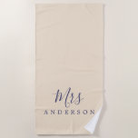 Chic Future Mrs Ivory Monogram Beach Towel<br><div class="desc">Chic ivory monogrammed beach towel with the text Mrs in navy blue elegant script calligraphy. You can customise this luxurious beach towel with your married name. Perfect gift for the newlywed couple with the matching Mr beach towel or for the bridal shower. Exclusively designed for you by Happy Dolphin Studio....</div>