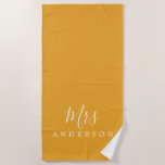 Chic Future Mrs Mellow Yellow Monogram Beach Towel<br><div class="desc">Chic monogrammed beach towel with the text Mrs in white elegant script calligraphy on a mellow yellow background. You can customise this luxurious beach towel with your married name. Perfect gift for the newlywed couple with the matching Mr beach towel or for the bridal shower. Exclusively designed for you by...</div>