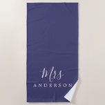 Chic Future Mrs Navy Blue Monogram Beach Towel<br><div class="desc">Chic navy blue monogrammed beach towel with the text Mrs in white elegant script calligraphy. You can customise this luxurious beach towel with your married name. Perfect gift for the newlywed couple with the matching Mr beach towel or for the bridal shower. Exclusively designed for you by Happy Dolphin Studio....</div>