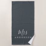 Chic Future Mrs Off-Black Monogram Beach Towel<br><div class="desc">Chic off-black monogrammed beach towel with the text Mrs in white elegant script calligraphy. You can customise this luxurious beach towel with your married name. Perfect gift for the newlywed couple with the matching Mr beach towel or for the bridal shower. Exclusively designed for you by Happy Dolphin Studio. If...</div>