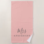 Chic Future Mrs Pastel Pink Monogram Beach Towel<br><div class="desc">Chic pastel pink monogrammed beach towel with the text Mrs in navy blue elegant script calligraphy. You can customise this luxurious beach towel with your married name. Perfect gift for the newlywed couple with the matching Mr beach towel or for the bridal shower. Exclusively designed for you by Happy Dolphin...</div>