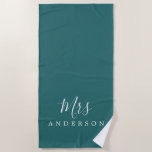 Chic Future Mrs Teal Green Monogram Beach Towel<br><div class="desc">Chic teal green monogrammed beach towel with the text Mrs in white elegant script calligraphy. You can customise this luxurious beach towel with your married name. Perfect gift for the newlywed couple with the matching Mr beach towel or for the bridal shower. Exclusively designed for you by Happy Dolphin Studio....</div>