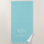 Chic Future Mrs Turquoise Monogram Beach Towel<br><div class="desc">Chic monogrammed beach towel with the text Mrs in white elegant script calligraphy on a turquoise blue background. You can customise this luxurious beach towel with your married name. Perfect gift for the newlywed couple with the matching Mr beach towel or for the bridal shower. Exclusively designed for you by...</div>