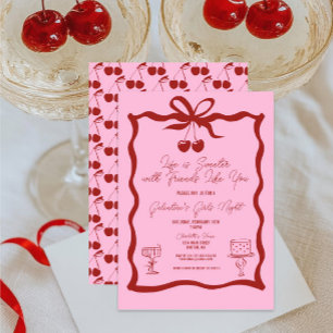 Chic Galentine's Day Bow Pink and Cherry Red Invitation
