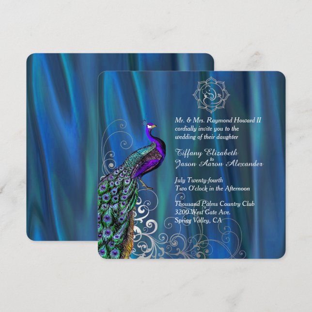 Chic Ganesha 2 Blue Satin and Peacock Wedding Invitation (Front/Back)