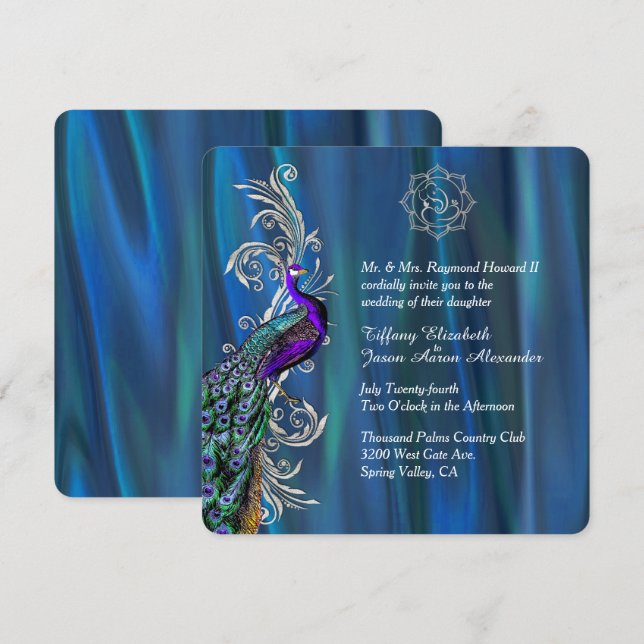Chic Ganesha 3 Blue Satin and Peacock Wedding  Invitation (Front/Back)