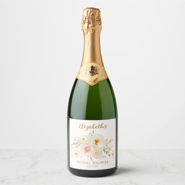 Chic Garden Floral Bridal Shower Sparkling Wine Label (Front)