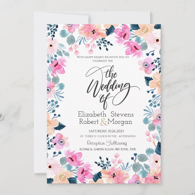 Chic Garden Pink Flowers Wedding Invitation (Front)