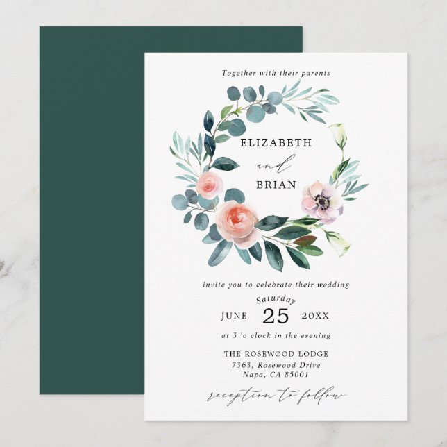 Chic Garden Rose Floral Wreath Wedding Invitation (Front/Back)