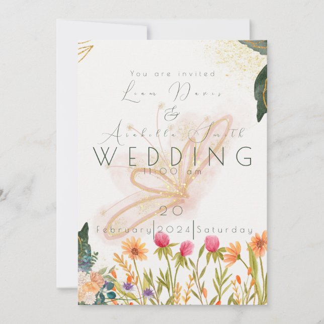 Chic Garden Sunrise Butterly Wedding Invitation (Front)