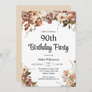 Chic Garden Watercolor Pink Floral 90th Birthday Invitation
