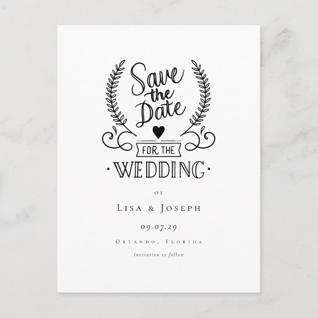 Chic Garland Script Black and White Save the Date Announcement Postcard (Front)