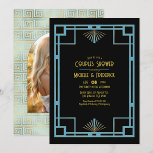 Chic Gatsby Art Deco Blue & Gold Couples Shower Invitation