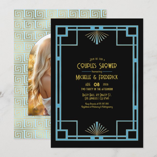 Chic Gatsby Art Deco Blue & Gold Couples Shower Invitation (Front/Back)