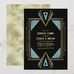 Chic Gatsby Art Deco Blue & Gold Rehearsal Dinner Invitation