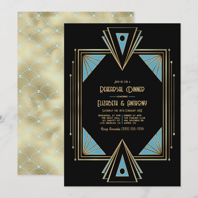 Chic Gatsby Art Deco Blue & Gold Rehearsal Dinner Invitation (Front/Back)