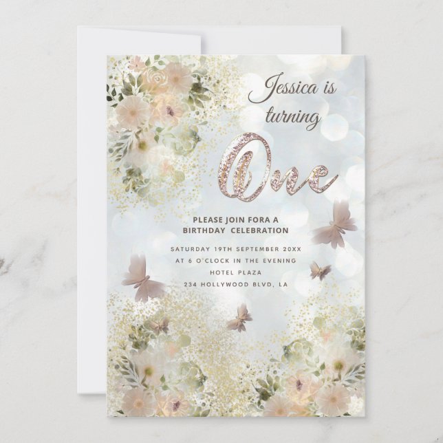 Chic gentle Butterfly floral garden 1st birthday Invitation (Front)