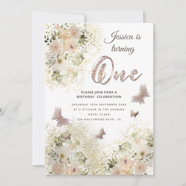 Chic gentle Butterfly floral garden 1st birthday Invitation (Front)