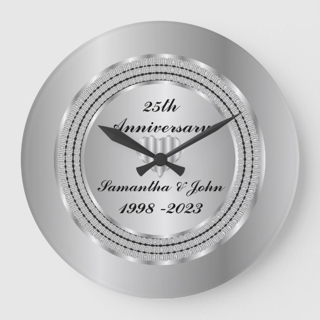 Chic Geometric 25th Silver Wedding Anniversary Lar Large Clock (Front)