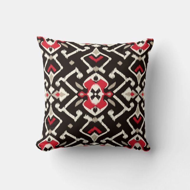 Chic geometric black red ikat tribal pattern cushion (Front)