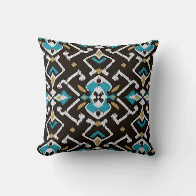 Chic geometric black teal ikat tribal pattern cushion (Front)
