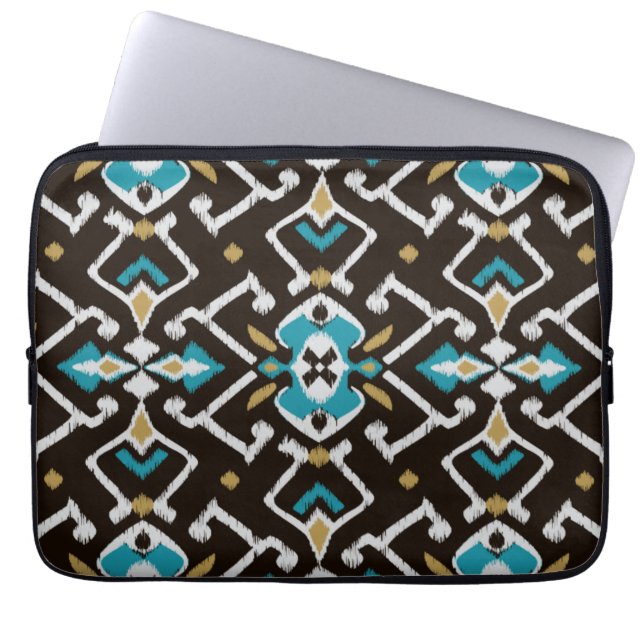 Chic geometric black teal ikat tribal pattern laptop sleeve (Front)