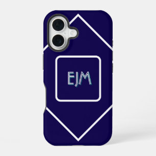 Chic Geometric Blue and White Monogrammed iPhone 16 Case