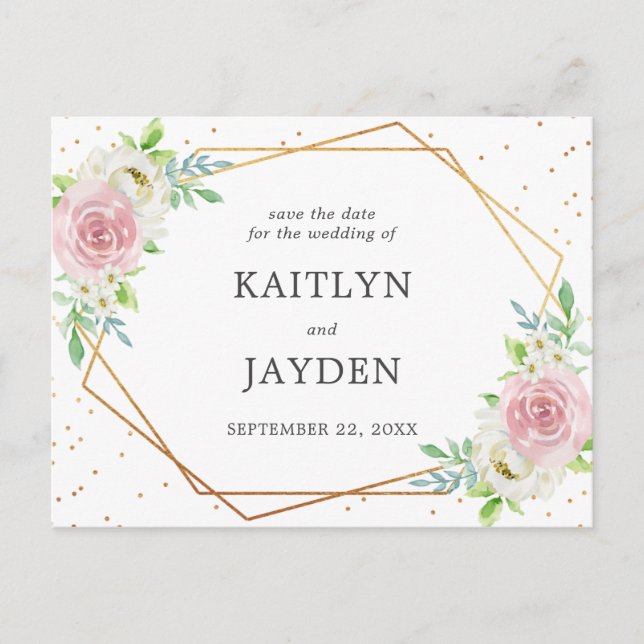Chic Geometric Gold Foil Floral Save The Date Announcement Postcard (Front)