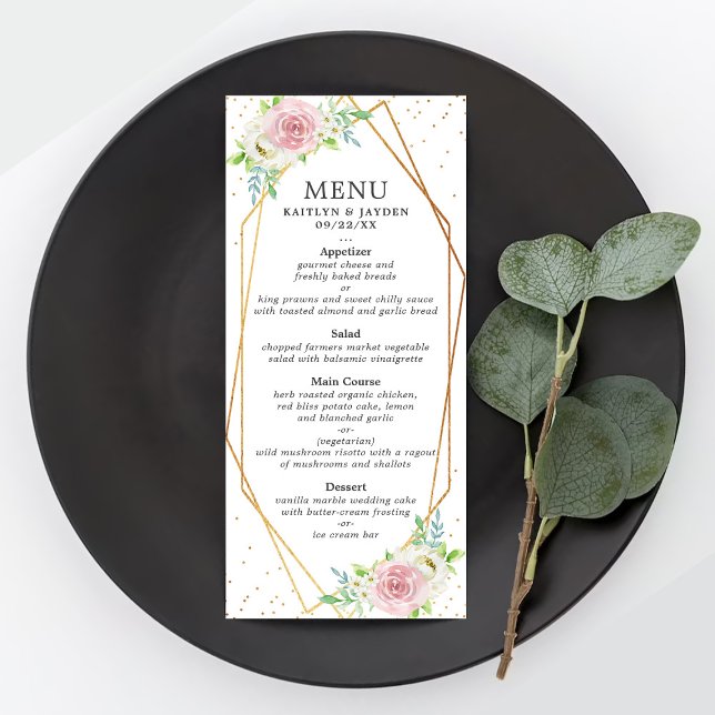 Chic Geometric Gold Foil Floral Wedding Menu (Creator Uploaded)