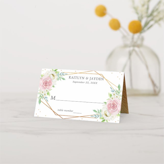 Chic Geometric Gold Foil Floral Wedding Place Card (Front)