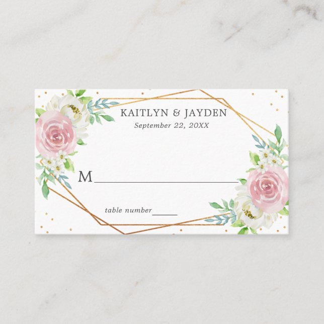 Chic Geometric Gold Foil Floral Wedding Place Card (Front)