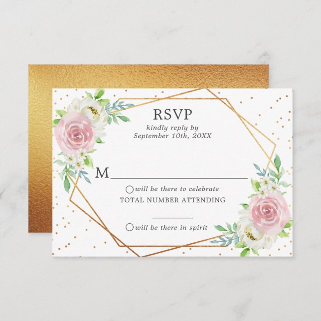 Chic Geometric Gold Foil Floral Wedding RSVP Invitation (Front/Back)