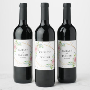 Chic Geometric Gold Foil Floral Wedding Wine Label